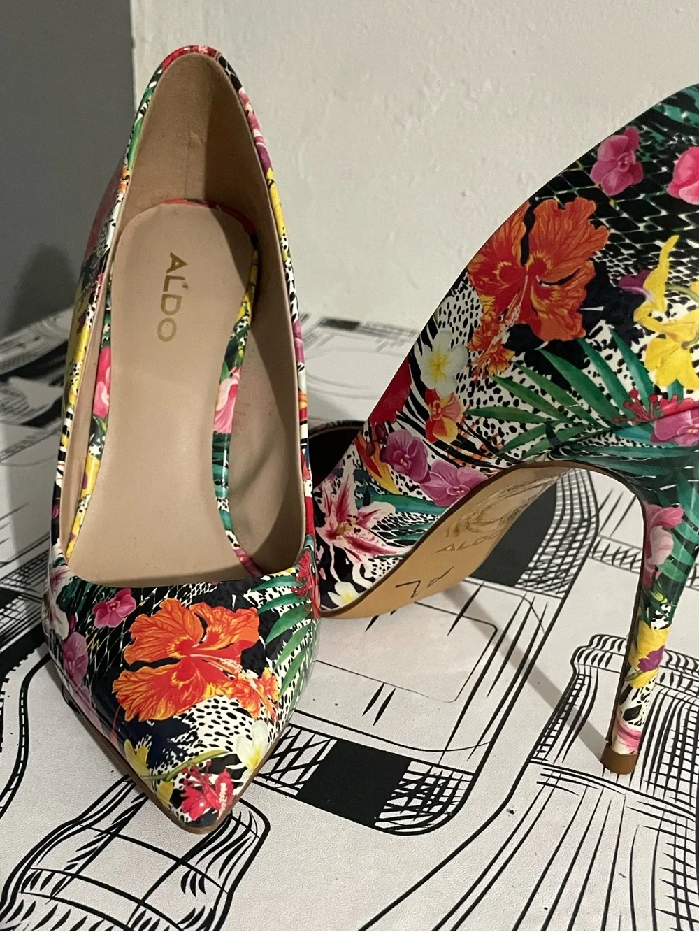 ALDO Floral Pointed-Toe Stiletto Heels in Black, Green, Orange, Pink